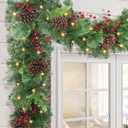 Pre-lit Christmas Garland 9FT with 100 Warm Lights, Battery Operated Xmas Garland with Pine Cedar Cones & Gradient Red Berries, Christmas Decoration for Mantle Fireplace Stair Railing Porch