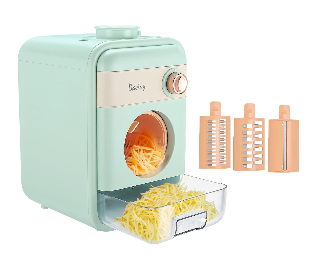 Davivy Electric Cheese Grater,Automatic Rotary Cheese Grater with Container, Salad Maker with 3 Interchangeable Stainless Steel Blades,Built-in Storage Drawer,Large Chute,Quiet Motor,Celadon Green
