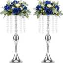 LANLONG Set of 2 Crystal Centerpieces for Tables Silver Metal Flower Vase Stand for Wedding Party Reception Home Decor