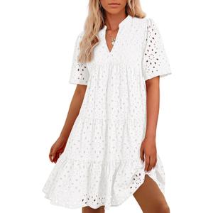 BTFBM Womens Boho Summer Dresses 2025 Resort V Neck Short Sleeve Hollow Out Lace Ruffle Casual Beach Mini Vacation Dress(White, X-Large)