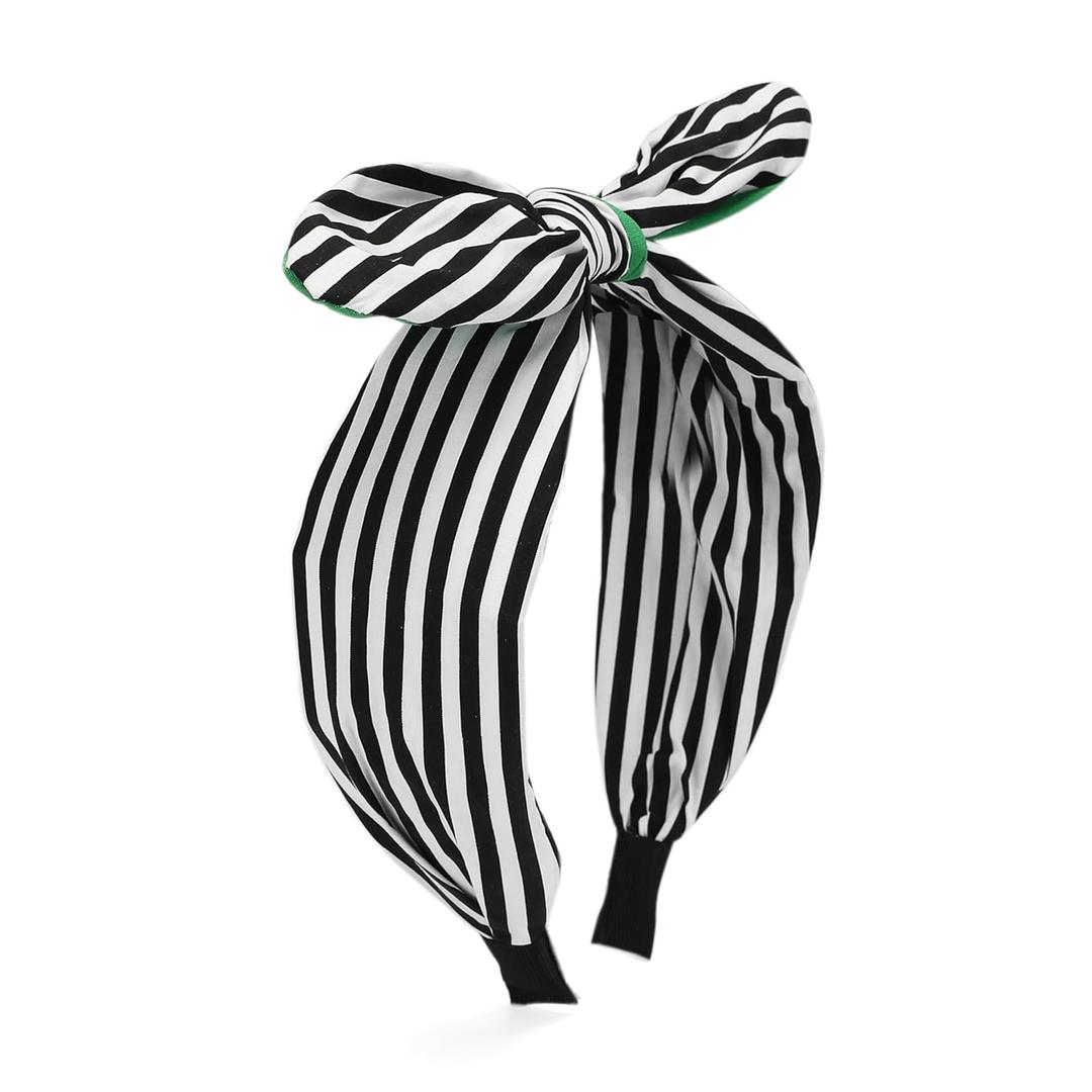 ASVP Shop Beetle Pattern Black & White Striped Headband with Green Accent Bow - For Halloween Costume