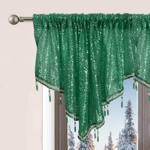 WUBODTI Christmas Green Valances for Windows 1 PC, Triangle Boho Glitter Sequin Tassels Beaded Kitchen Window Valances Holiday Decor Swag Curtain for Living Room Bathroom, W51 x L22