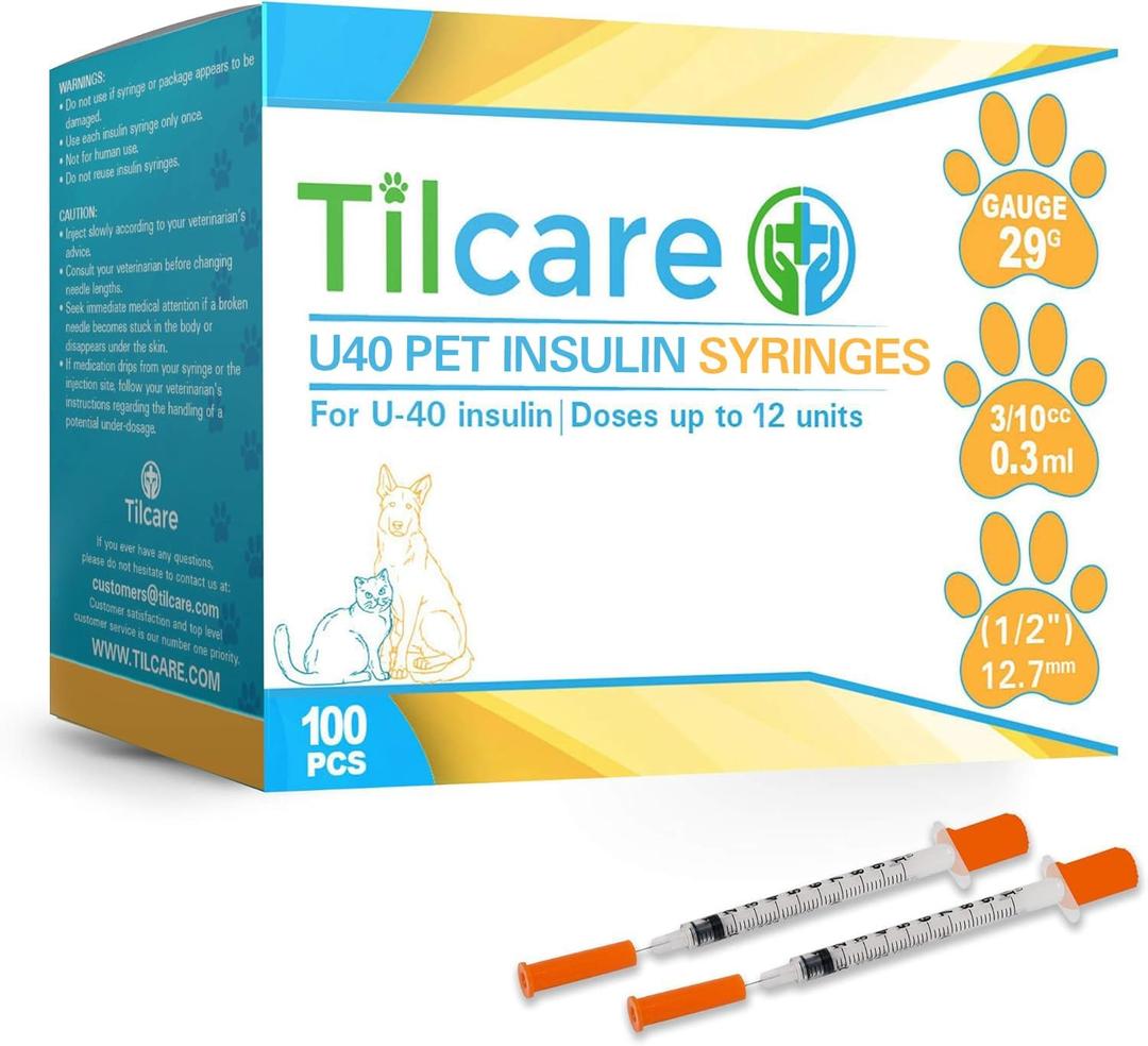 Tilcare U40 Pet Insulin Syringes 29 G 0.3 cc 12.7 mm 1/2" 100-Pack Latex-Free Diabetic Syringes - Ultra Fine Sterile Medical Syringe for Diabetes Individually Blister Packed for Safety, Exp. Date: 2029-12-24
