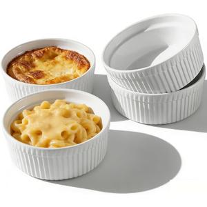 Cinf White 10 oz Set of 4 Souffle Dishes Ramekins Oven Microwave Safe Bowls Creme Brulee Sauce Cups for Baking Cooking Porcelain Individual Serving Size for Desserts