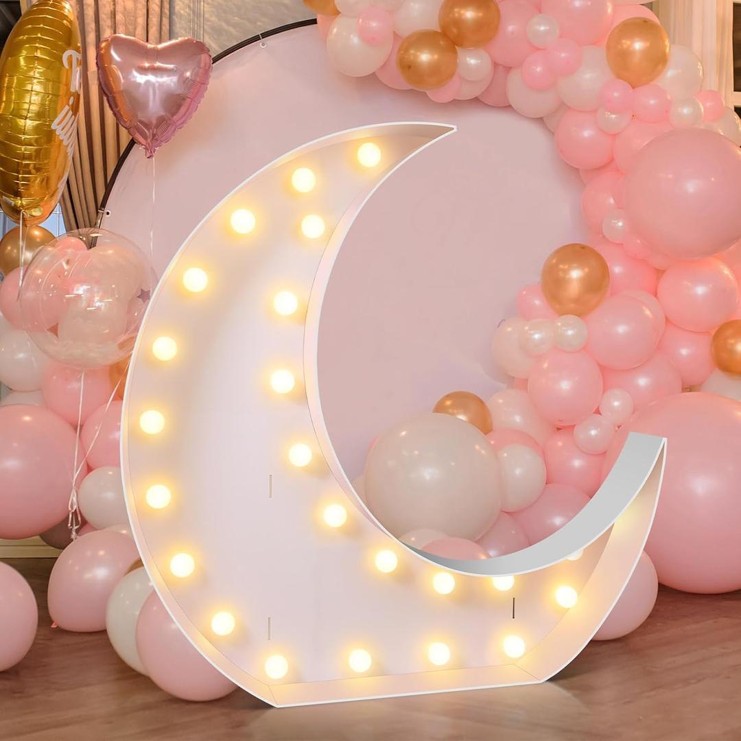 Maxcheck Marquee Large Light up Decoration, 4ft Balloon Frame with Bulb Light String Foam Marquee Signs for Eid Birthday Engagement Baby Shower Party Decorations (Moon)
