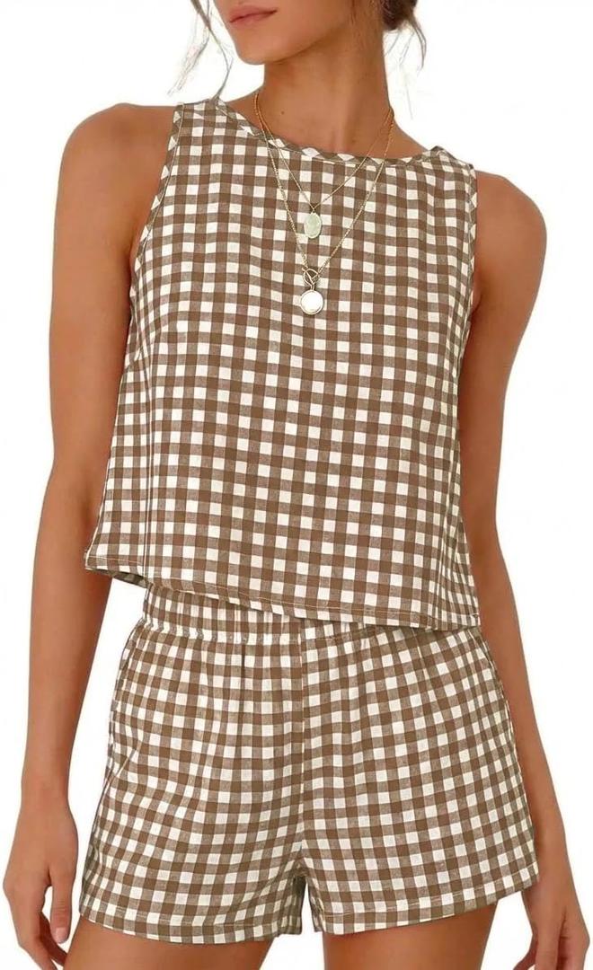 IDEALSANXUN Womens Two Piece Sets Summer Beach Spring Gingham Tank Tops and Plaid Shorts Pajama Sets (Brown, M)