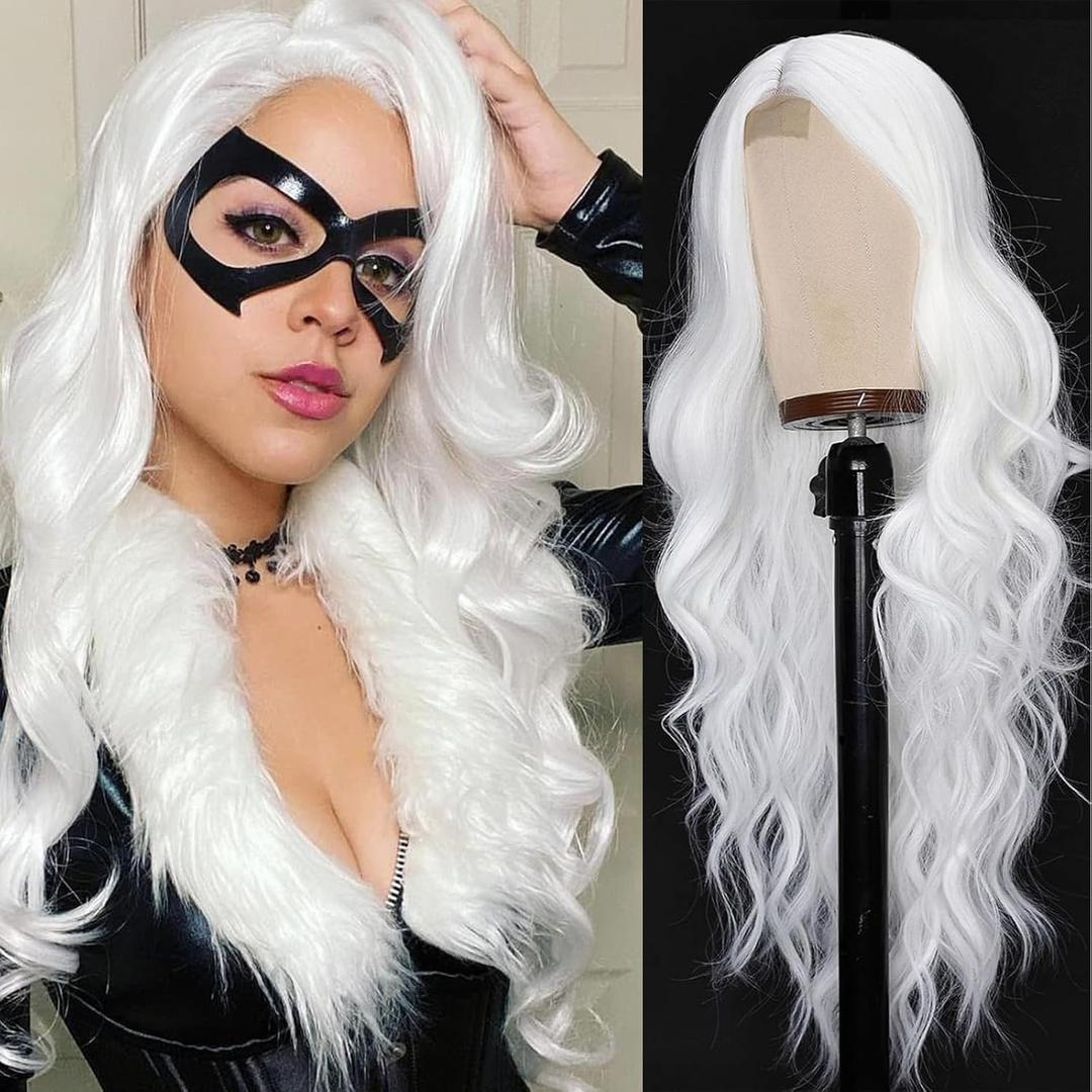 Long White Wigs for Women 26 Inch Synthetic Middle Part Witch Wavy Wig Natural Looking Glueless Silky Wig for Daily Party Use, Halloween & Cosplay