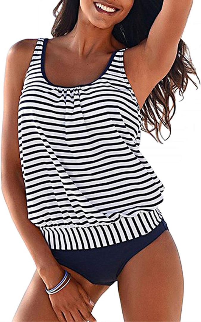 BIKINX Tankini Swimsuits for Women Plus Size Swimwear Tummy Control Two Piece Bathing Suits (16, Blue White Striped)