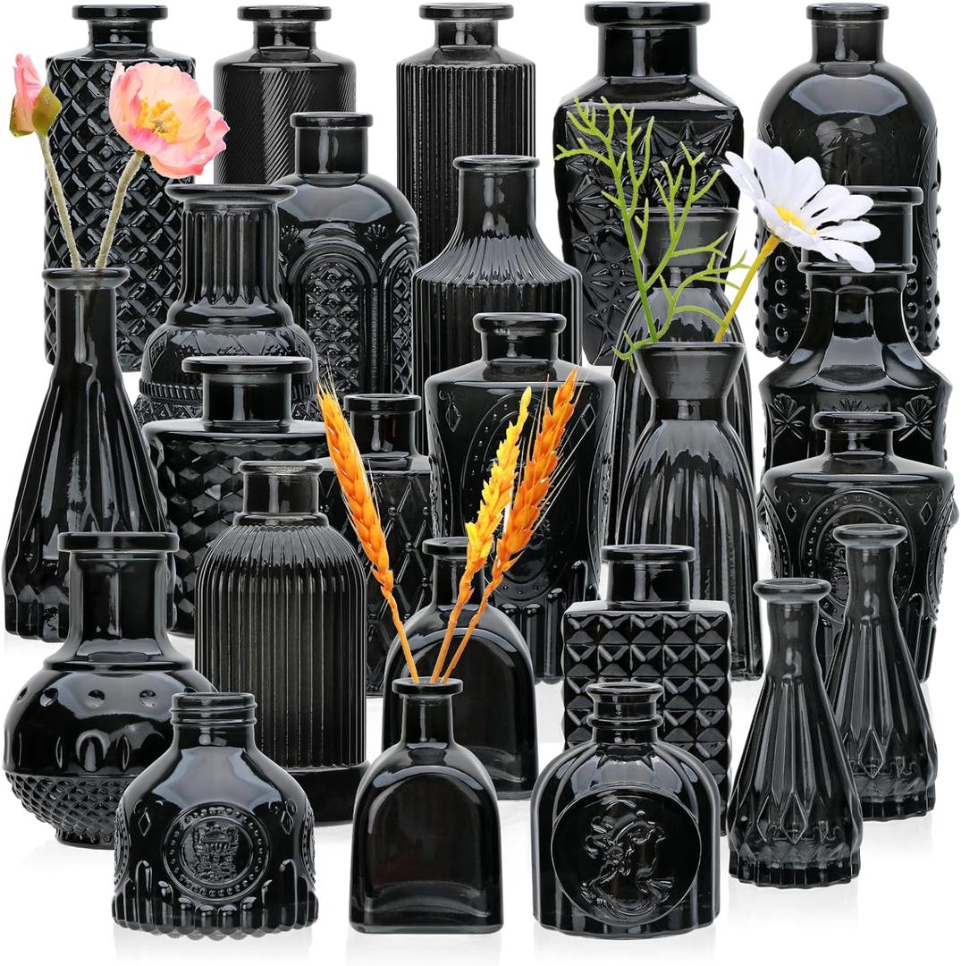 Brajttt Bud Vase Set of 25: Black Glass Vases - Small, Cute Vintage Set for Flower, Wedding, Home Decorations