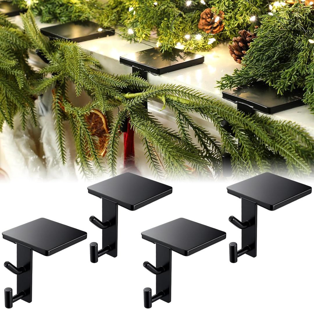 MorningRo 2 in 1 Fireplace Garland and Stocking Hangers for Mantel Heavy Duty Christmas Stocking Holders for Mantle Metal Garland Hooks Xmas Holiday Decoration(4 Pack,Black)