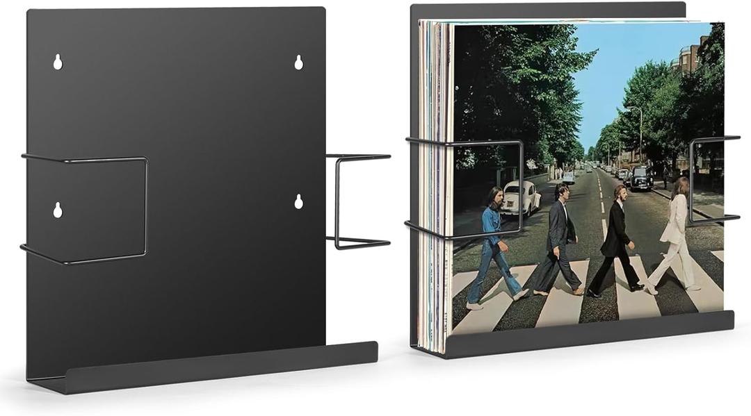 Vinyl Record Holder, 2-Pack Wall Mount Storage Shelf, Heavy Duty Metal, Fits 30 LPs, Black