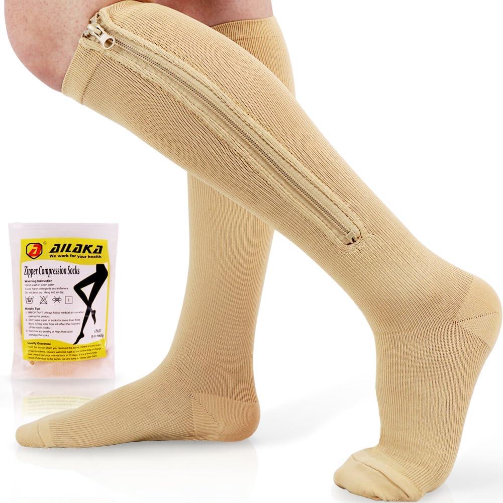 Ailaka Medical 15-20 mmHg Zipper Compression Socks Women Men (Small/Medium (1 Pair), Beige)