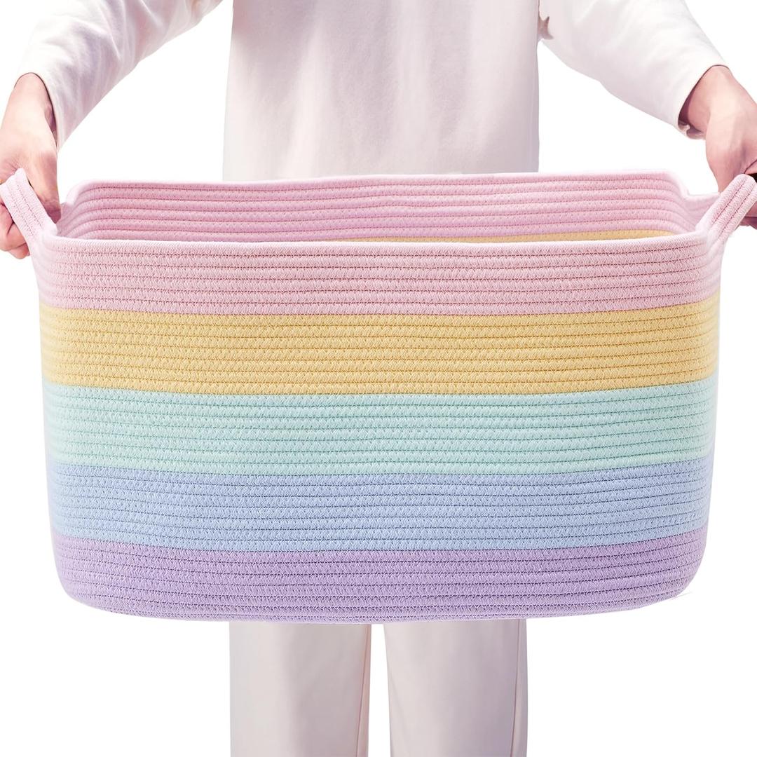 75L Extra Large Rainbow Cotton Rope Storage Basket for Blanket Rectangle Woven Basket for Toys Clothes laundry in Living Room Bedroom for Baby Nursery Kids Toy Box for Girls