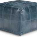 SIMPLIHOME Manning Boho Square Pouf in Teal Genuine Leather for the Living Room, Bedroom and Kids Room