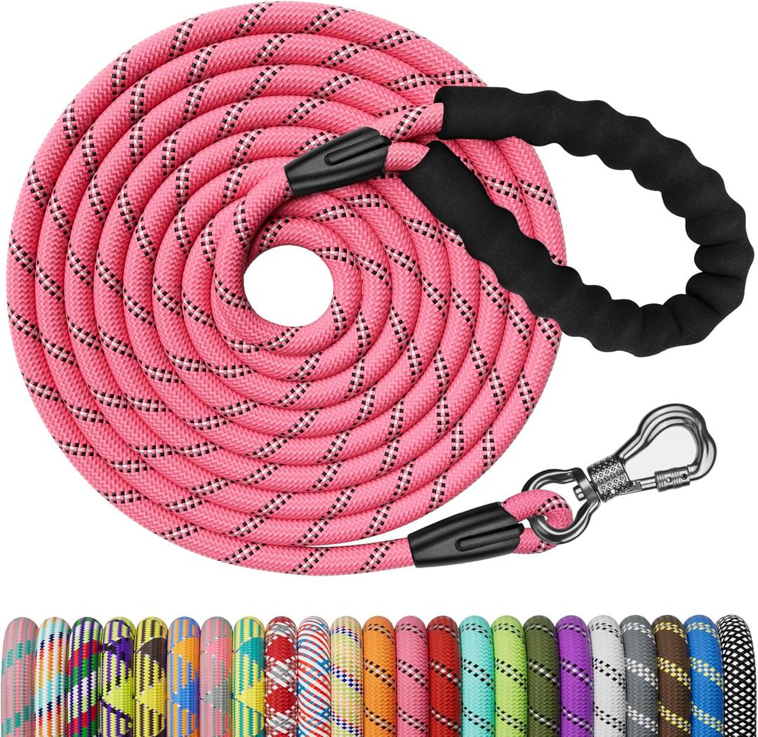 NTR 50FT Long Dog Leash, Rope Dog Leash with Swivel Lockable Hook and Comfortable Padded Handle, Dog Training Leash Lead for Walking, Hunting, Camping, Backyard for Small Medium and Large Dogs, Pink (50ft*3/8")