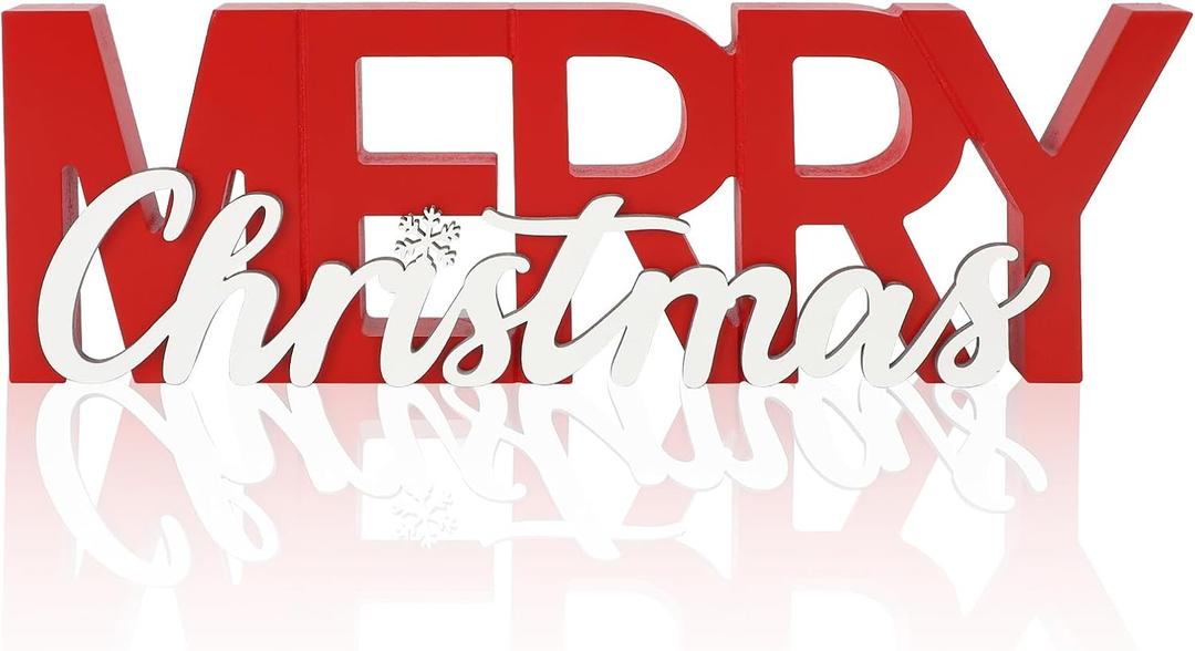 COCHIE Wooden Merry Christmas Sign, Winter Decorations for Home, Office, Shelf, Mantel, Indoor, Wood Snowflake Decor, Red White Table Top Party Decoration (Merry Christmas)