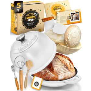 Dutch Oven Bread Baking - 5QT Enamel Bread-Dome - incl Sourdough Bread-Baking Suppliers like Dough Whisk Scoring Lame etc Bread-Oven Cast Iron for Sour dough Bread-Pan with Lid, Bread-making (White)