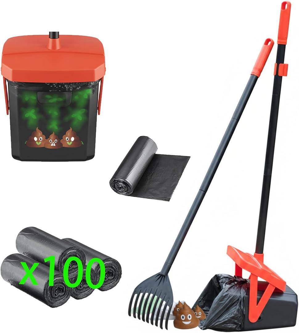 TIMINGILA 36" Pooper Scooper Swivel Bin & Rake with 100 Dog Poop Bags,Adjustable Long Handle for No-Bend Cleanup,Portable Non-Breakable Dog Poop Scooper for Large Medium Small Dogs