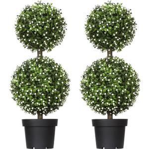 24in Artificial Boxwood Topiary Tree 2 Pack, Artificial Boxwood Double Ball Topiary Trees, UV Resistance Rated Faux Topiaries Tree, Fake Greenery Plants Ball Tree for Porch,Home,Garden (Osmanthus Leaves-2pcs)