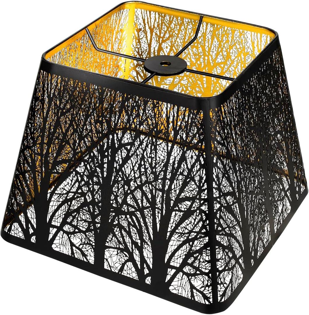 Medium Square Lamp Shades, ALUCSET Metal Lampshade with Pattern of Trees for Table Lamp and Floor Light, 7 x 10 x 7.5 Inch, Pattern of Trees (Black/Gold)