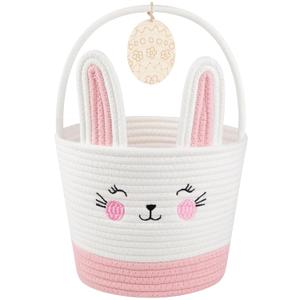 OIASKET Personalized Easter Basket for Toddler, Woven Baby Easter Gifts Basket with Handle, Empty Bunny Egg Basket for Girls Boys Kids, Pink&White (7.87" x 7.87"/8L)