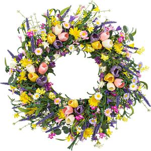 Spring Wreath 22 inch Indoor Summer Wreaths Artificial Spring Wreaths for Front Door, Tulip Wreath with Daisy and Lavender for Home Holiday Decor (Multicolor-3)