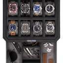 ROTHWELL 8 Slot Leather Watch Box with Valet Drawer - Luxury Case Display Jewelry Organizer, Locking Display Case Holder, Real Glass Top - Watch Box Organizer for Men & Women (Black/Grey)