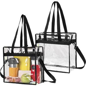 VENO 2 Pack Clear Bag for Stadium Events Approved, 12x6x12 Large Beach Tote Bags Transparent Crossbody Lunch Purse for Women
 Black 