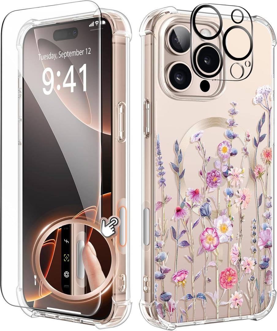 GVIEWIN Magnetic for iPhone 16 Pro Max Case Compatible with MagSafe,[Camera Control Capture Button][Mil-Grade Protection][Screen & Lens Protectors] Slim Clear Floral Phone Case, Floratopia/Colorful