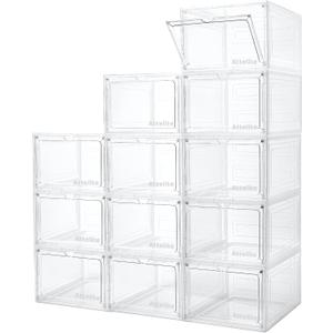 Attelite Upgrade 12pack Shoe Box Storage Containers,Thicken Sturdy Clear Stackable Plastic Shoe Organizer Box with Magnetic Door, X-Large Drop Front Shoe Box