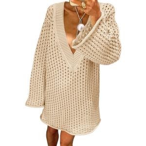 Saodimallsu Women Crochet Cover Up Long Sleeve Deep V Neck Hollow Out Sweater Oversized Beach Mini Dress Bathing Suit Coverup (Small, Khaki)