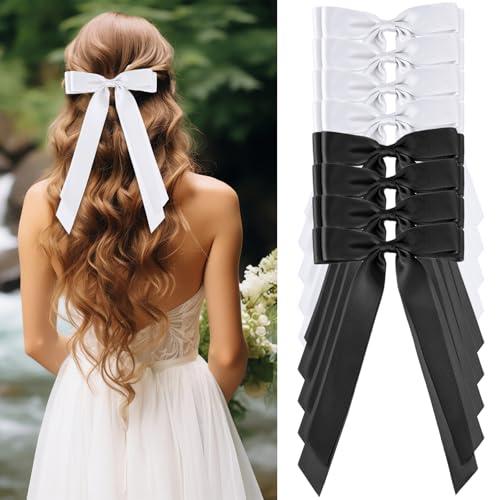 8 Pcs Silky Satin Hair Bows with Long Tail, Hair Clip Ribbon Accessories Ponytail Holder Slides Metal Clips French Hairs Bow Barrette Aesthetic Long Tail for Women,Christmas gifts,Black and White