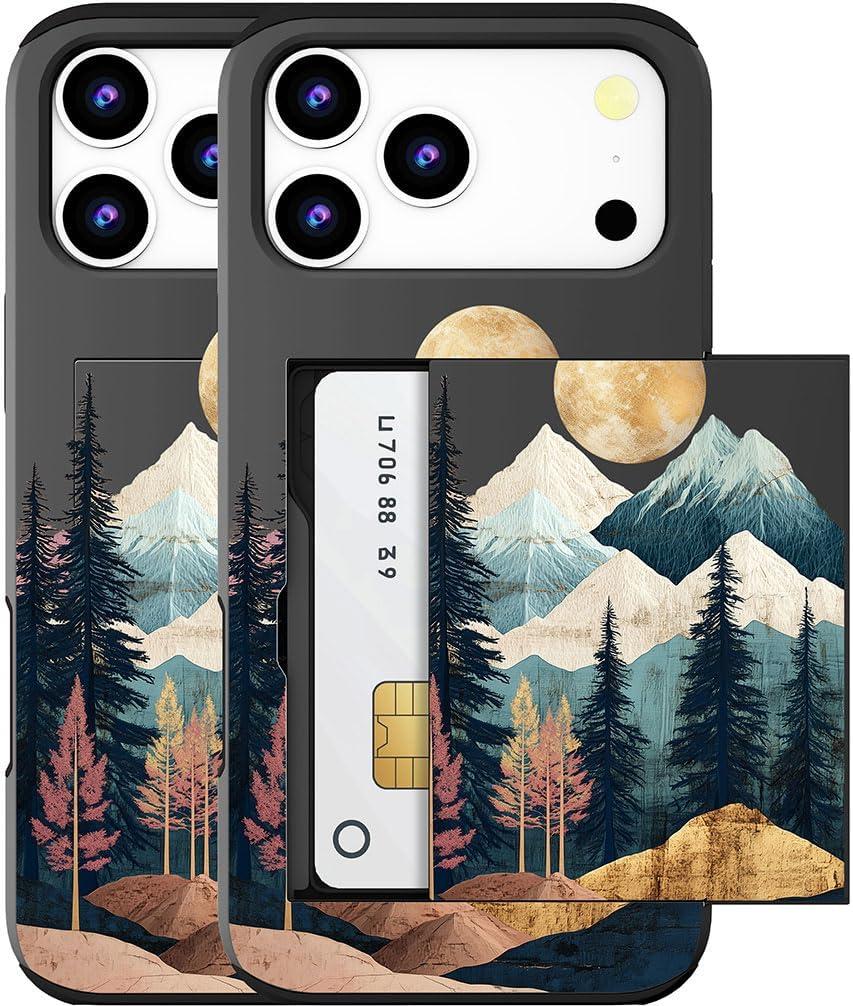 Compatible for iPhone 17 Pro Max Case with Card Holder Cute - Kawaii Design Military-Grade Drop Protection Rugged Wallet Cases for Women (Black Abstract Mountain)