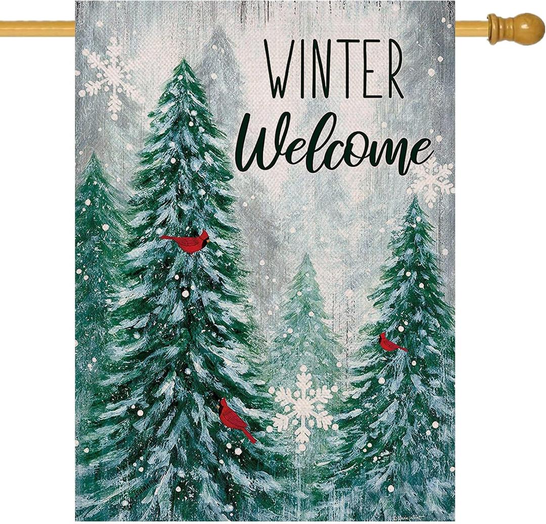Artofy Winter Welcome Pine Trees Home Decorative House Flag, Cardinal Red Bird Garden Yard Snowy Forest Outside Decor, Christmas Snow Snowflakes Farmhouse Outdoor Large Decoration Double Sided 28 x 40