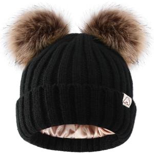 Hat Hut Toddler Beanie Satin Lined Beanie for Baby Winter Hats for Kids Pom Pom Beanie for Boys Girls