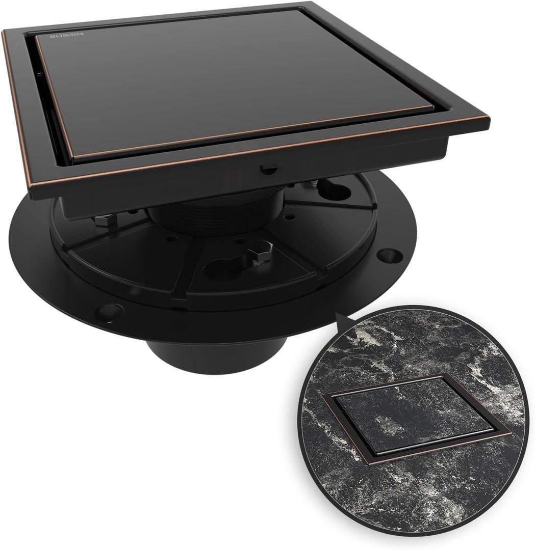 WEBANG 6 Inch Square Shower Drain Bronze Floor Drain with Flange Reversible 2-in-1 Cover Tile Insert Grate Removable SUS304 Stainless Steel CUPC Certified Oil Rubbed Bronze