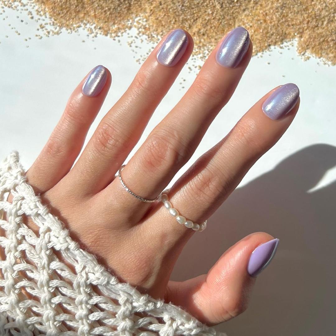 Glamnetic Press On Nails - Mermaid's Tail | Short Oval Purple Cat Eye Fake Nails with a Velvet Finish, Salon Quality Summer Nails | 15 Sizes - 30 Nail Kit with Glue