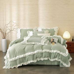 Ruffle Duvet Cover Queen Sage Green Comforter Cover with White Ruffle, Aesthetic French Romantic Washed Microfiber Ruffled Bedding Set with Zipper Closure 3 Pieces Bed Set