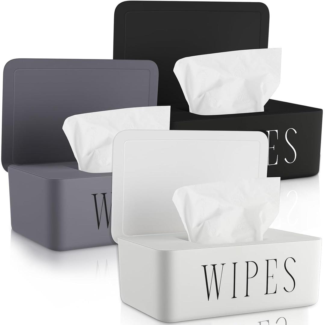 3 Pack Baby Wipes Dispenser Holder Wipe Container for Bathroom with Lid Toilet Tissue Paper Storage Refillable Box for Home Office Cars(Small, Black, White, Gray)