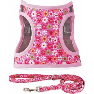Step in Dog Harness Leash Set- All Weather Reflective No-Pull Floral Pattern Padded Mesh Vest Harness for Cats Puppy Dogs - Pink Flower - Small