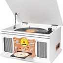 10 in 1 Vintage Bluetooth Record Player Turntable with Built-in Speakers, Vinyl Turntable CD Cassette Player & AM/FM Radio Combo Multimedia Center, USB Recording, RCA Out AUX in, White Wood (White Rose Gold)