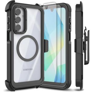 for Samsung Galaxy A16 5G Case, [Transparent & Holster Series] Belt Clip Full Body Shockproof Protective Cell Phone Cover with 2 Pack Tempered Glass Screen Protector (Black/Clear)