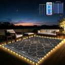 9x12Ft Outdoor Rug, Solar Powered Outdoor Rug with 131LEDs Strip Lights for House Deck, Waterproof Plastic Reversible Outdoor Straw Rugs, Rugs Mat RV Camping Patio Beach Balcony Picnic (Black Gray)