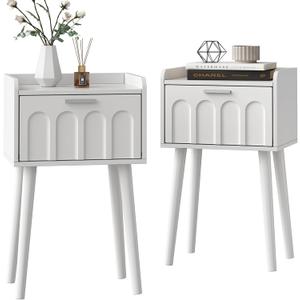 LAATOOREE Nightstand Set of 2, Mid- Century Small Side End Table with Arced Door, Bedside Tables with Solid Wood Legs for Bedroom, Living Room (White)