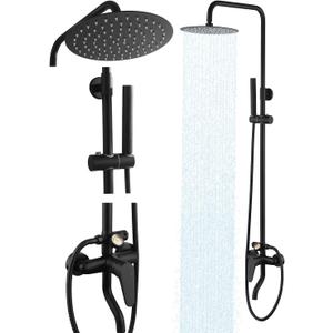 All-Metal Outdoor Shower Fixture,3 Functions Handle Tub Rainfall Shower Faucet Sets with Dial Thermometer Brass Valve, Black Exposed Shower System with 10'' Rainfall Shower Head Adjustable