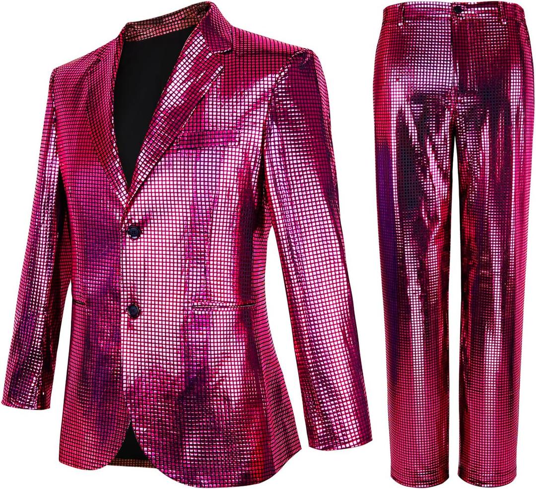 Nawgut Sequin Blazer Metallic Slim Suit 2 Piece Set Disco Prom Shiny Outfit Wedding Party Banquet Fashion Jacket Pant (XL)