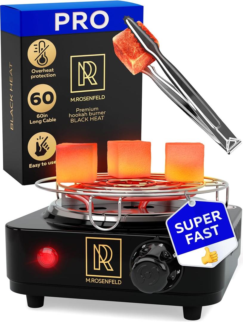 PRO Hookah Coal Burner for Hookah Cubes 500W with grid  BLACK HEAT Charcoal Burner Electric for Shisha with grill & FREE Hooka Tongs - Strong Durable 304 Steel Coil