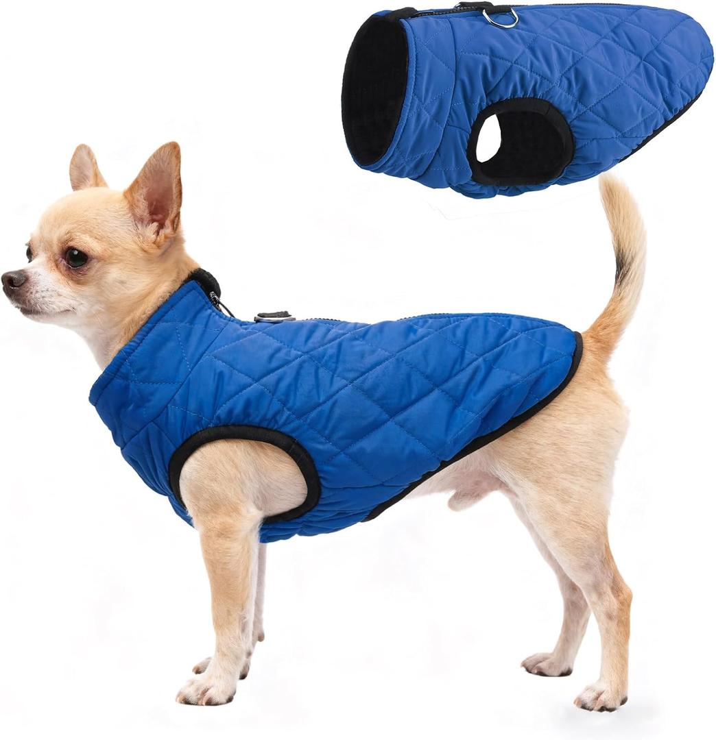 SCENEREAL Winter Dog Vest Coat with Harness Built in, Warm Puppy Jacket for Small Medium Dogs, Cold Weather Coat with Zipper, Fleece Puffer Vest Windproof Snow Clothes, Blue S