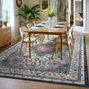 6x9 Washable Area Rugs, Large Non-Slip Vintage Rugs for Living Room, Low Pile Floral Distressed Indoor Rugs, Print Carpet Rug for Bedroom Kids Playroom Dining Room Decor, Blue/Beige