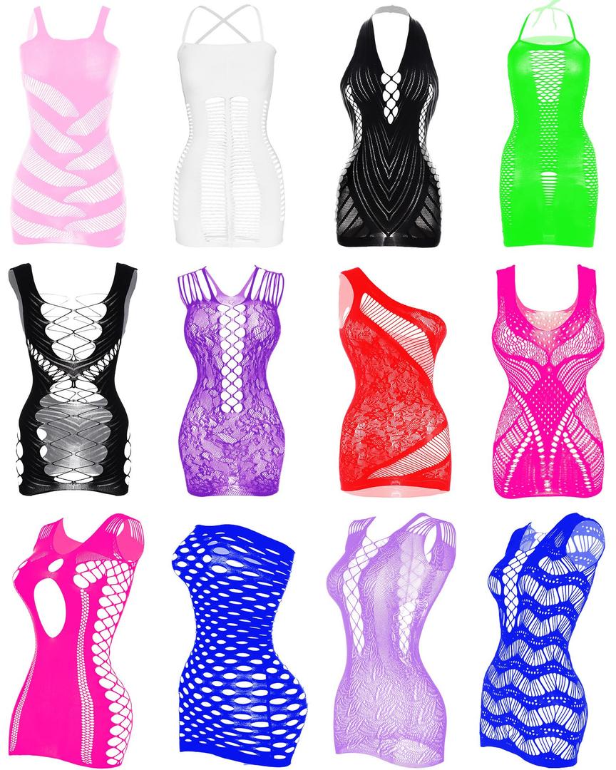 Tisancy 12 Pcs Women's Fishnet Mesh Bodysuit Cover-up Dress Outfits, Sheer Lace Party Outfit, Beachwear